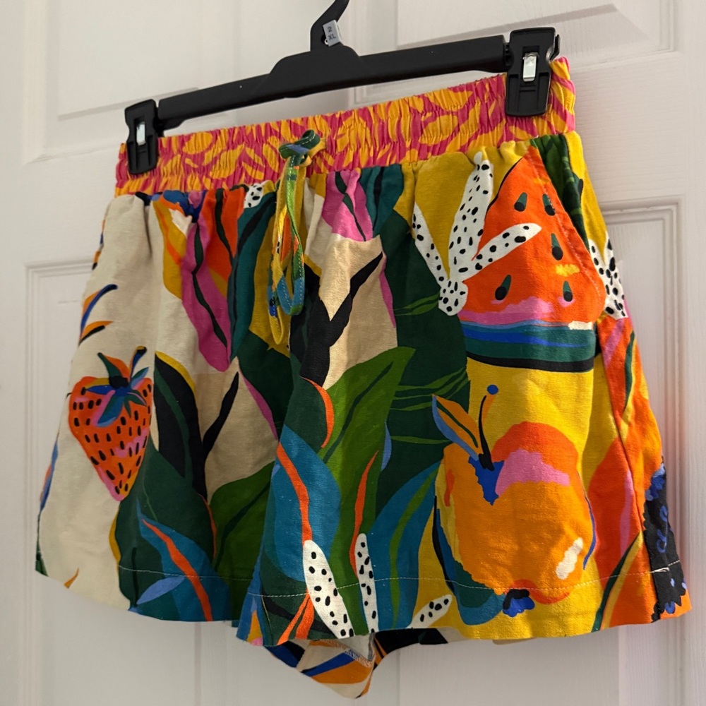 Palms Away Colorful Tropical Floral Fruit Print Drawstring Pull on Shorts Sz M